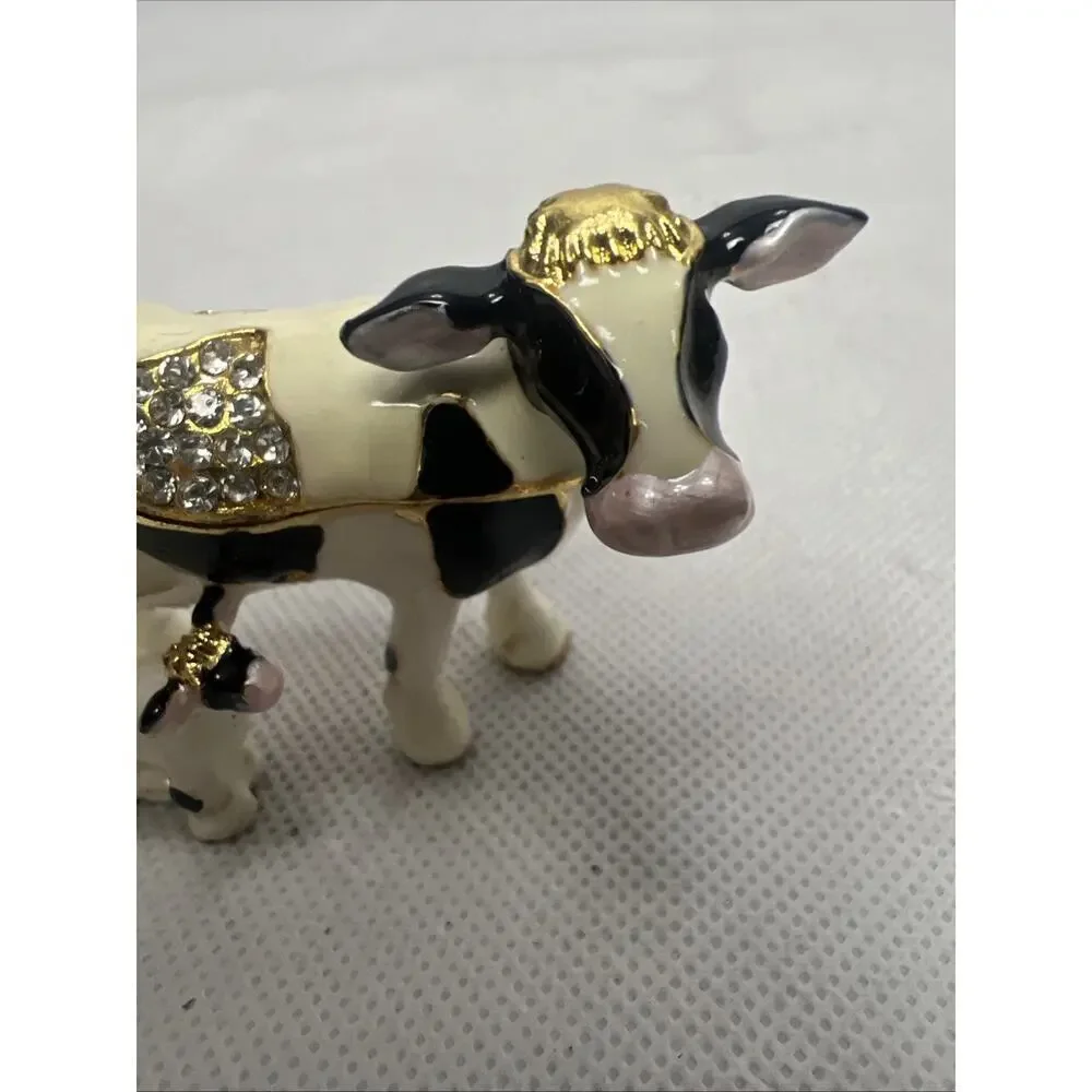 Cow & Calf B & W Rhinestones & Gold Trim Jewelry Trinket Box